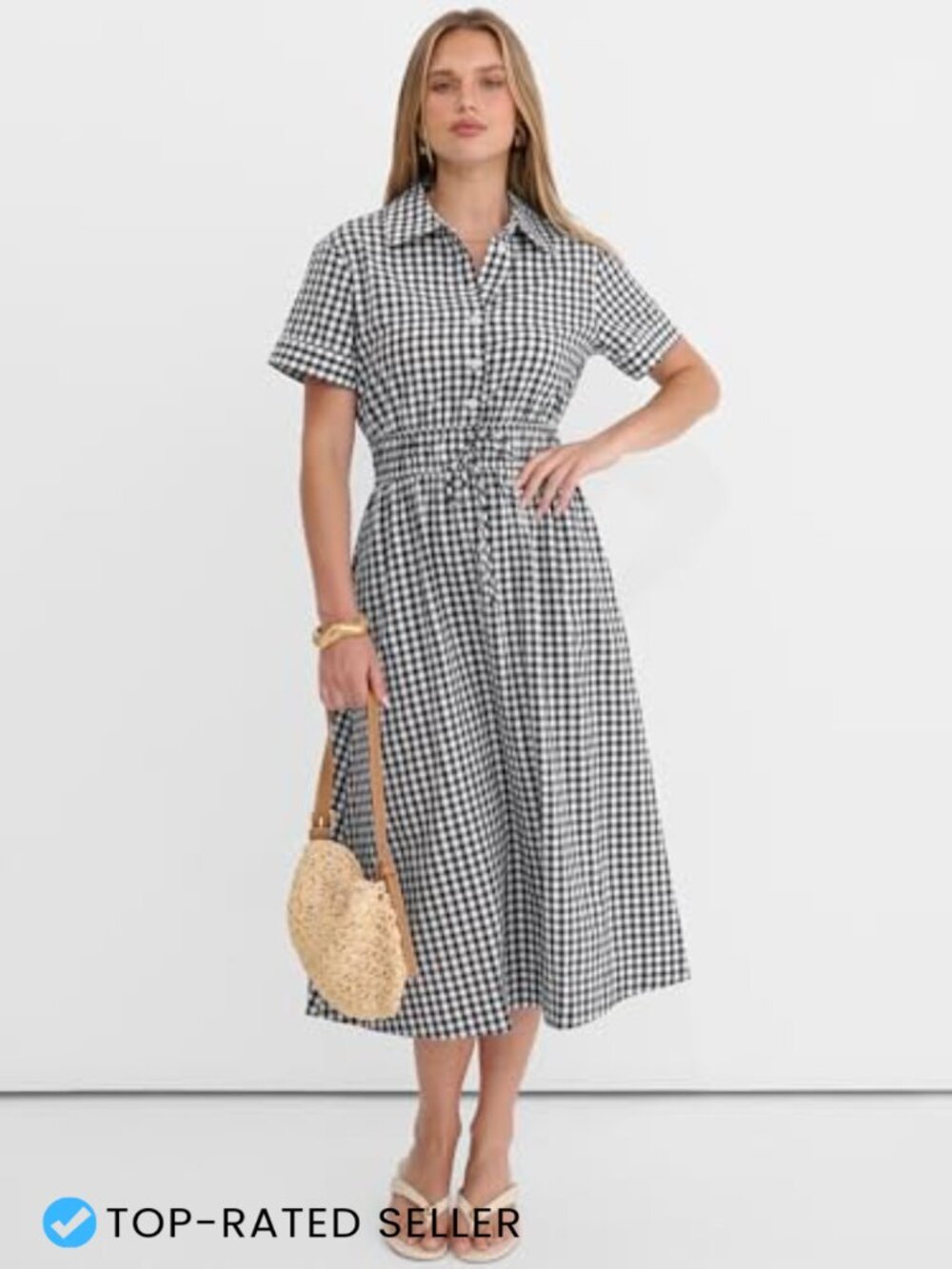 Striped Midi Dress Button Front A-Line Summer Rayon Shirt Dress Pockets - Picture 6 of 7